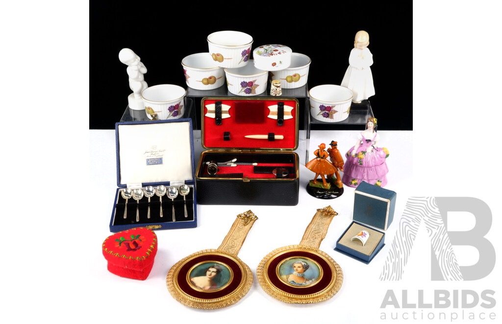 Gentlewoman's Lot Including Royal Doulton Porcelain Child Figure, Set Six Royal Worcester Evesham Ramekins and More