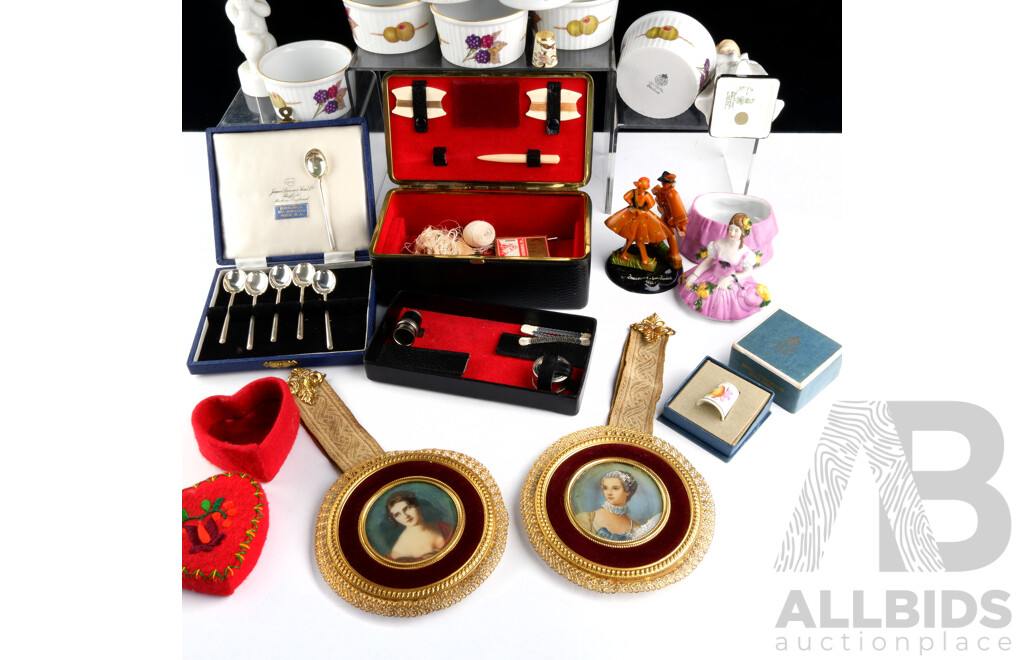 Gentlewoman's Lot Including Royal Doulton Porcelain Child Figure, Set Six Royal Worcester Evesham Ramekins and More