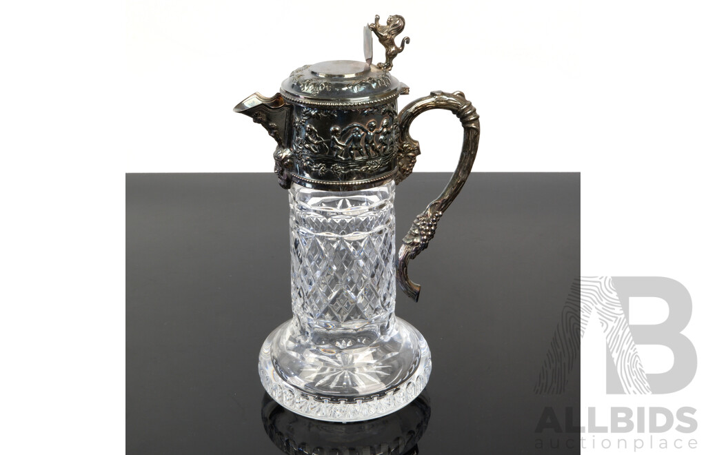 Vintage Whitehill Crystal Wine Pitcher with Silver Plate Collar and Lid with Repoussed Detail, Green Man Motif and Lion Shield Finial