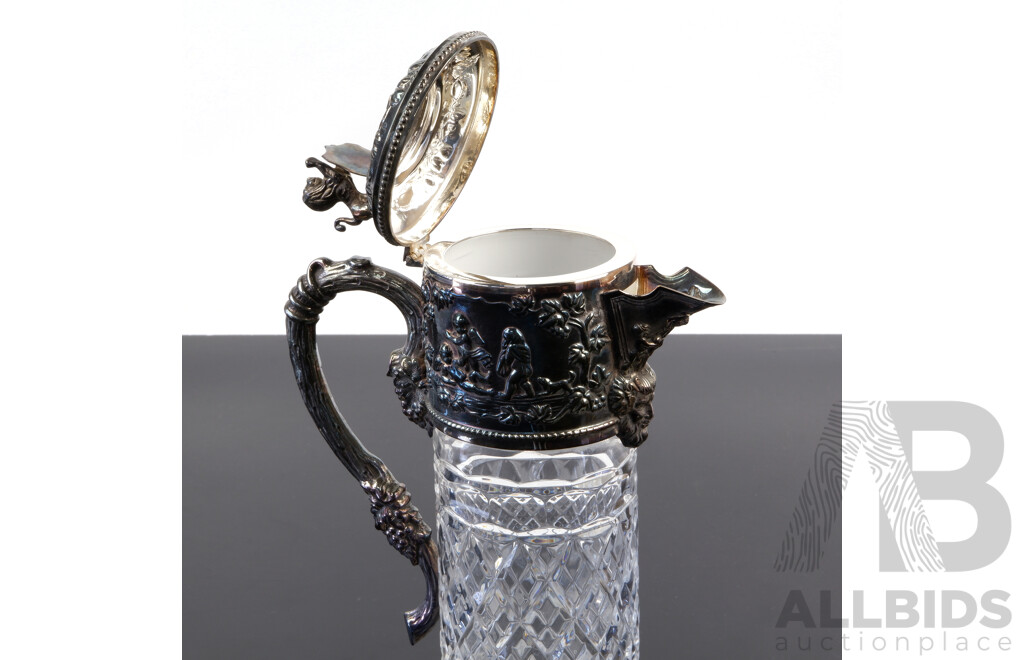 Vintage Whitehill Crystal Wine Pitcher with Silver Plate Collar and Lid with Repoussed Detail, Green Man Motif and Lion Shield Finial