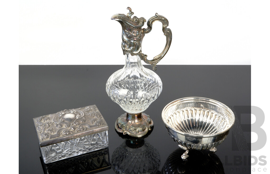 Collection Vintage Whitehill Crystal Pieces Comprising Claret Jug with Silver Plate Foot and Collar, Crystal Box with Silver Plate Lid and Tripod Footed Silver Plate Bowl