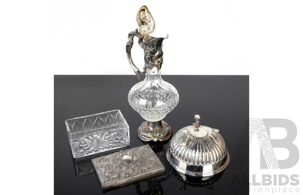 Collection Vintage Whitehill Crystal Pieces Comprising Claret Jug with Silver Plate Foot and Collar, Crystal Box with Silver Plate Lid and Tripod Footed Silver Plate Bowl