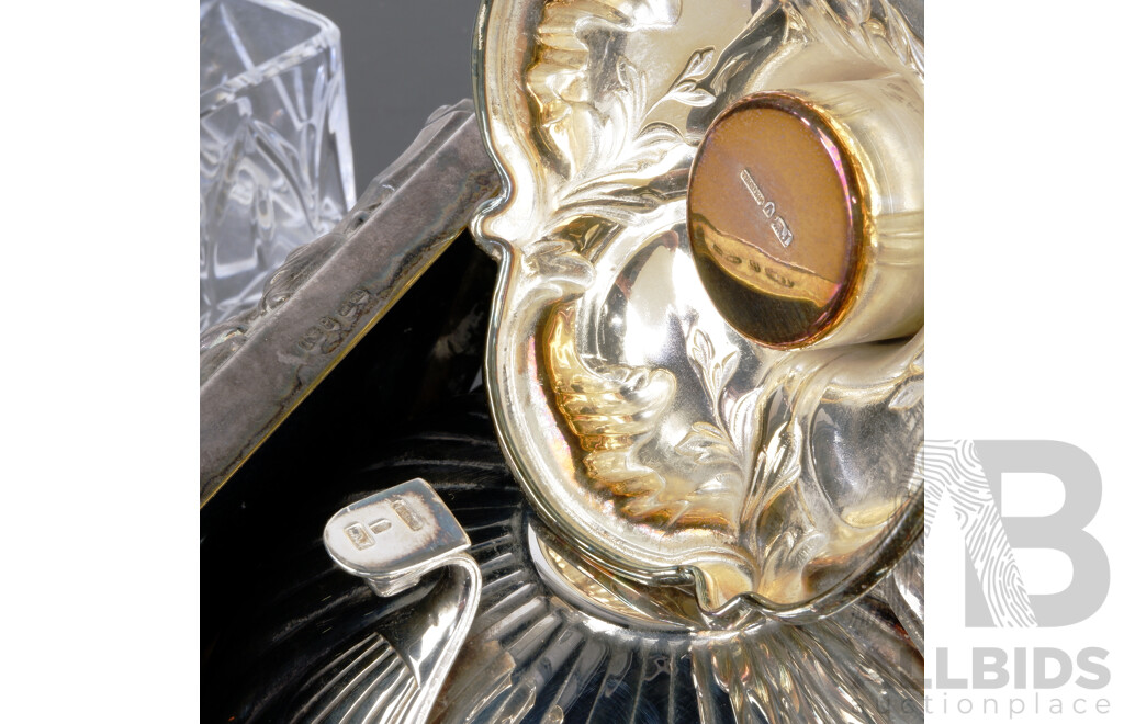 Collection Vintage Whitehill Crystal Pieces Comprising Claret Jug with Silver Plate Foot and Collar, Crystal Box with Silver Plate Lid and Tripod Footed Silver Plate Bowl