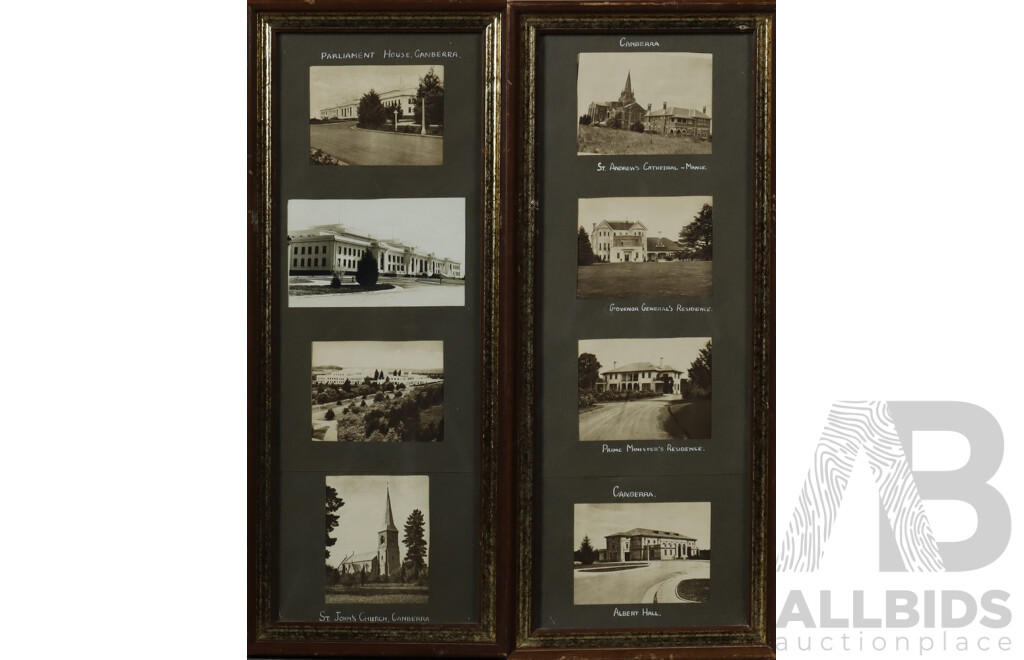 Pair of Framed Vintage Canberra Historical Photographs, Four Photographs per Frame with Photographs Titled by Hand, 49 x 20 cm (frames) (2)