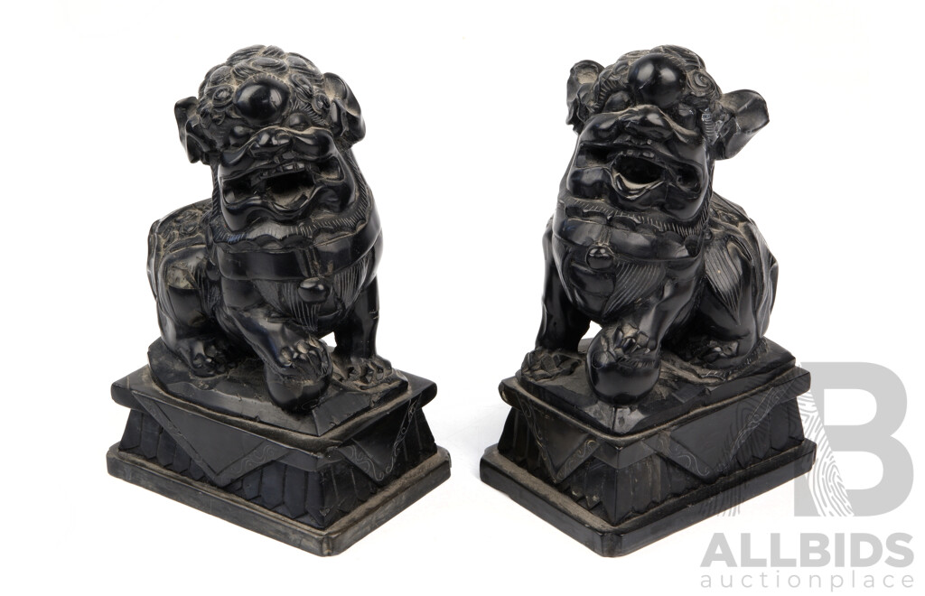 Pair Vintage Carved Chinese Polished Black Stone Pho Dog Figures