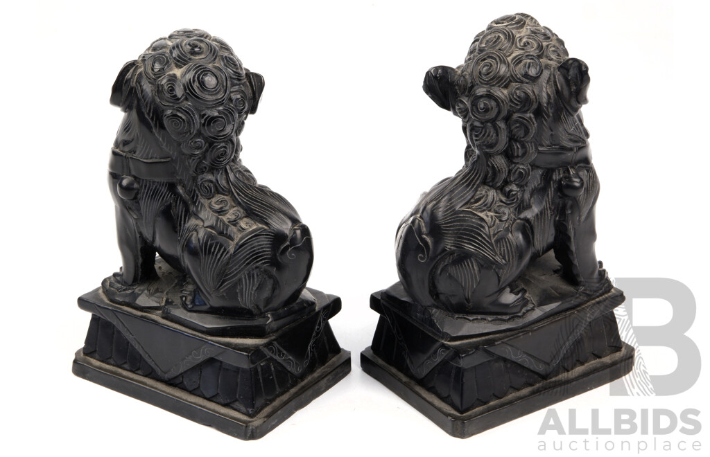 Pair Vintage Carved Chinese Polished Black Stone Pho Dog Figures