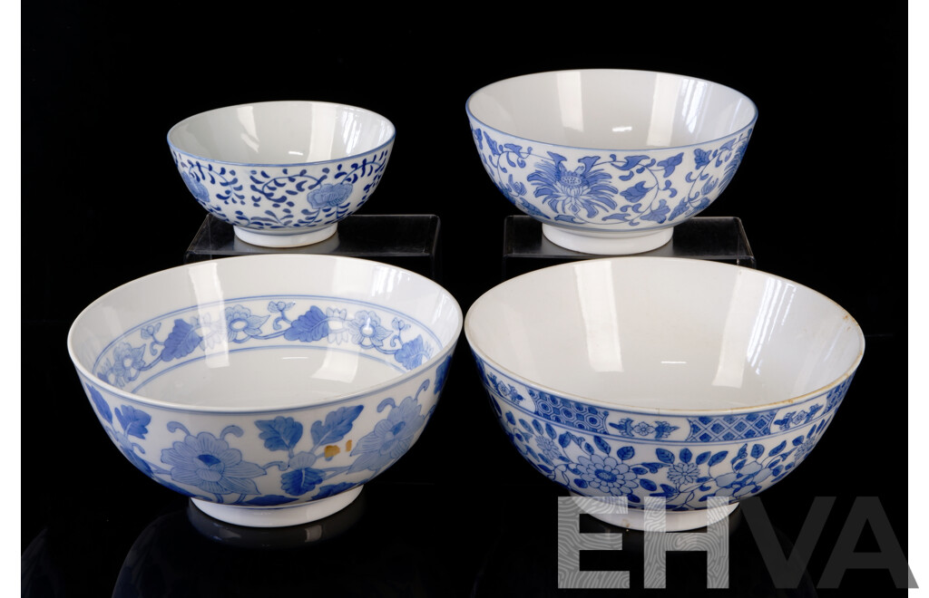 Collection Four Large Chinese Hand Decorated Blue & White Bowls