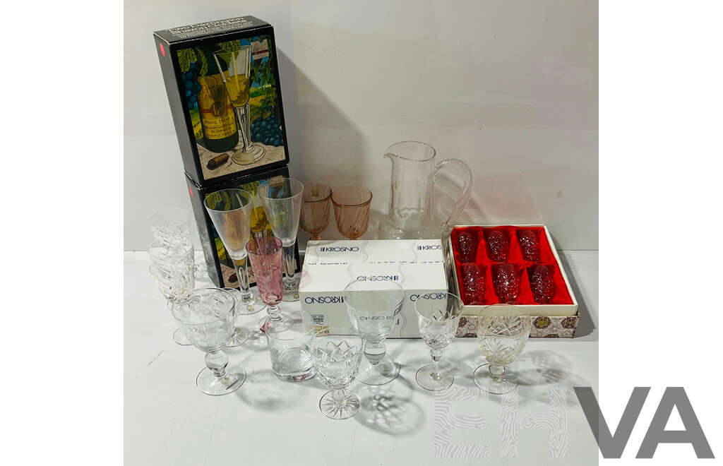 Collection Quality Crystal Including Large Water Pitcher with Engraved Detail, Two Boxed Pairs Dartington Sharron Glasses in Original Boxes by Frank Thrower , Boxed Krosno Examples and More