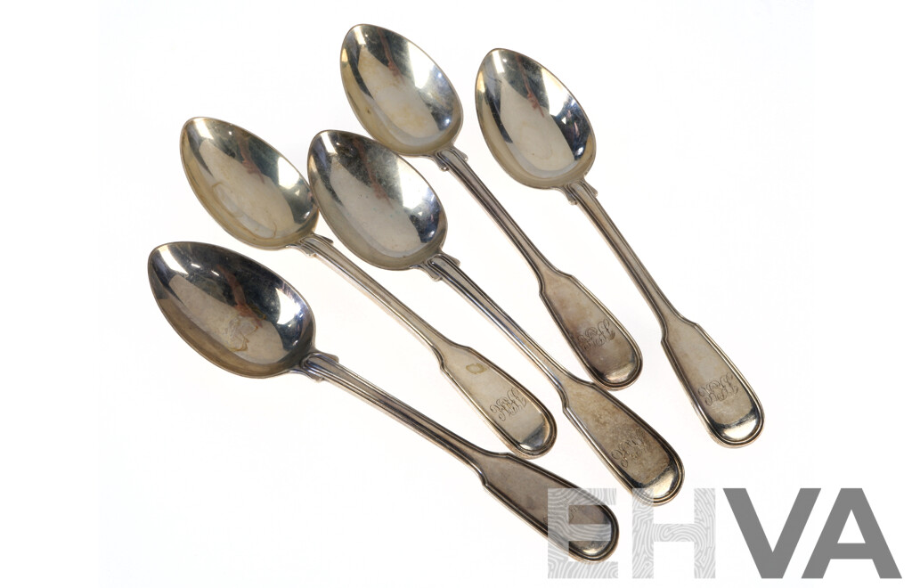 Set Five Sterling Silver Teaspoons with Monogramed Handles, London 1862