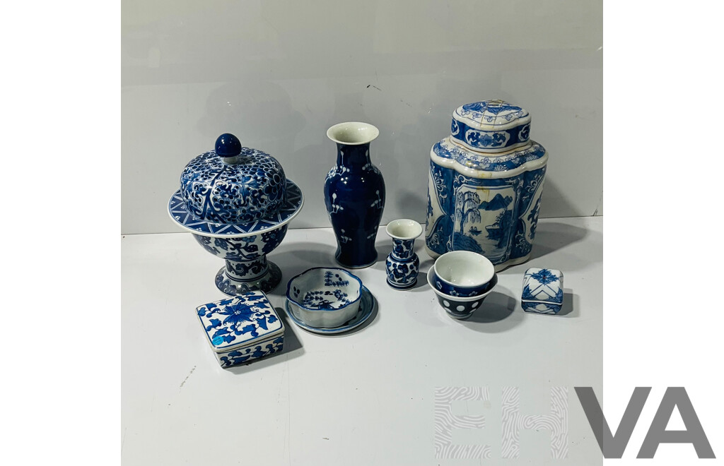 Collection Chinese Blue & White Porcelain Pieces Including Lobed Form Tea Caddy,  Lidded Jar and More