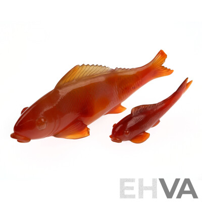 Fine Carved Chinese Agate Fish with Smaller Example