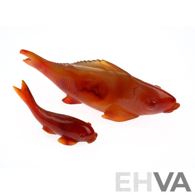 Fine Carved Chinese Agate Fish with Smaller Example