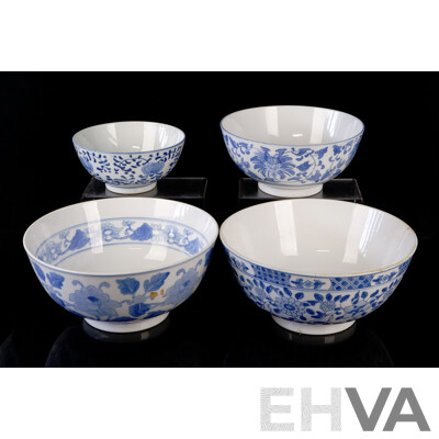 Collection Four Large Chinese Hand Decorated Blue & White Bowls