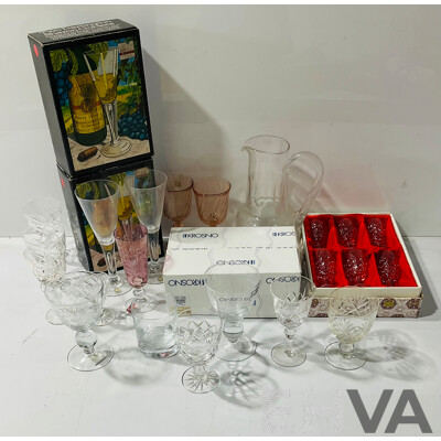 Collection Quality Crystal Including Large Water Pitcher with Engraved Detail, Two Boxed Pairs Dartington Sharron Glasses in Original Boxes by Frank Thrower , Boxed Krosno Examples and More