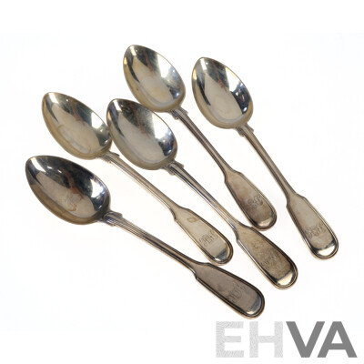 Set Five Sterling Silver Teaspoons with Monogramed Handles, London 1862