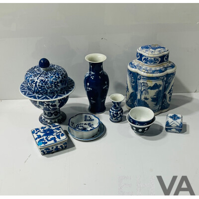 Collection Chinese Blue & White Porcelain Pieces Including Lobed Form Tea Caddy,  Lidded Jar and More