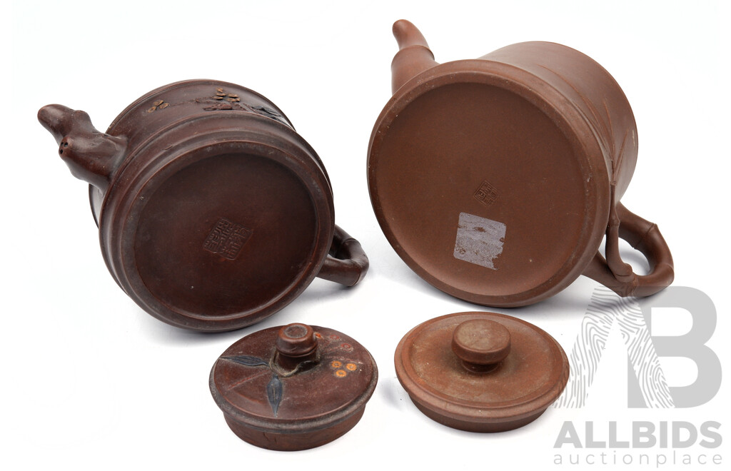 Two Chinese Yi  Xing Teapots, One with Bamboo Form Handle