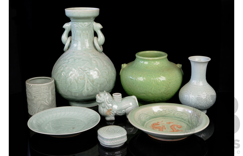 Collection Asian Celadon Ware Including Plate with Goldfish Motif, Vases and More