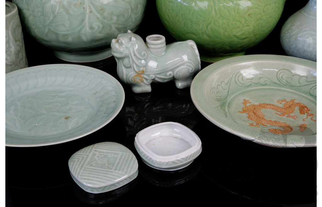 Collection Asian Celadon Ware Including Plate with Goldfish Motif, Vases and More