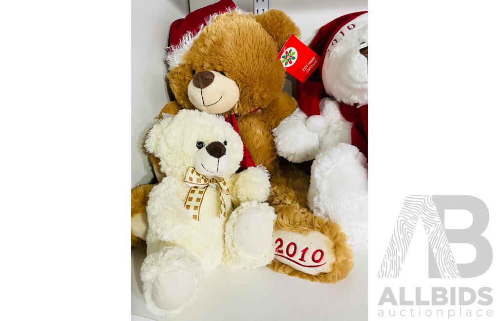 Collection of Four Stuffed Teddy Bears - Three of Them Stamped with Year and Commemorating Christmas