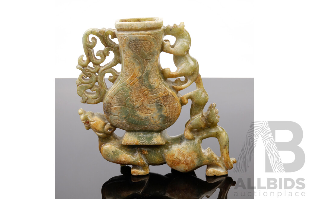 Chinese Hand Carved Soft Stone Archaistic Style Urn with Animal Figures to Sides