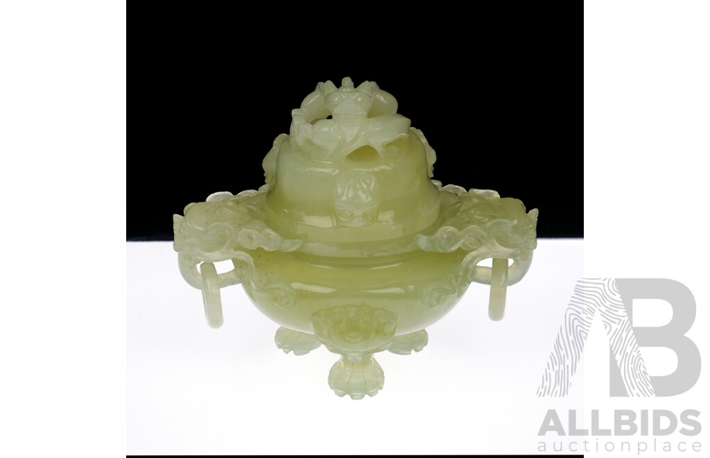 Chinese Hand Carved Hard Stone Tripod Censer with Dragon Figure to Finial
