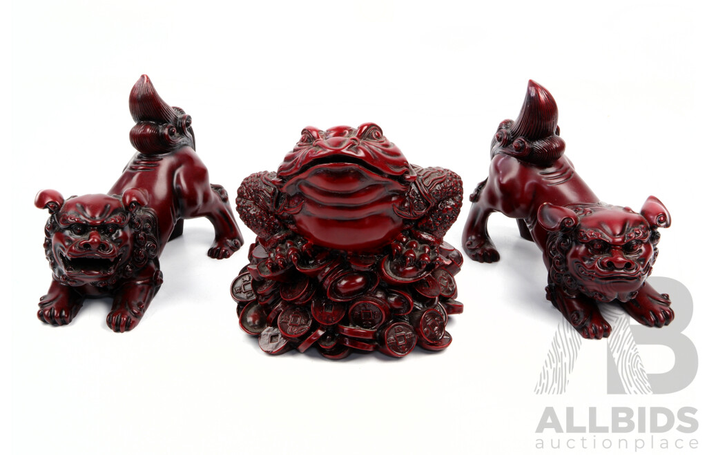 Pair Chinese Resin Pho Dogs Along with Resin Feng Shui Money Toad Statue