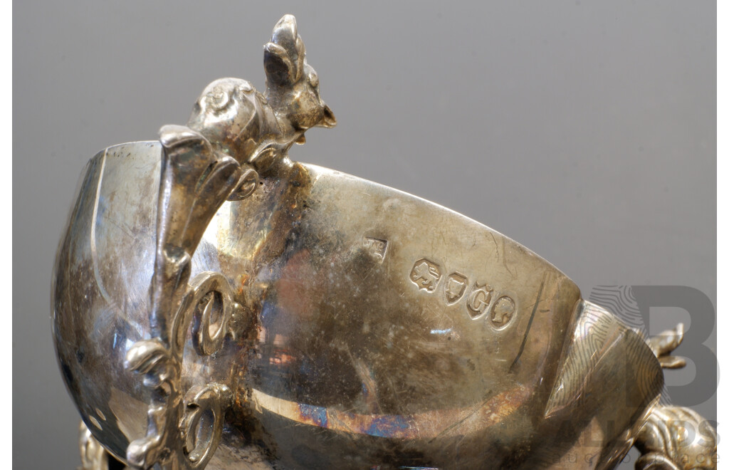 Antique Sterling Silver Dish with Three Merhorse Themed Feet and Satyr Bust to Interior, London, 1882