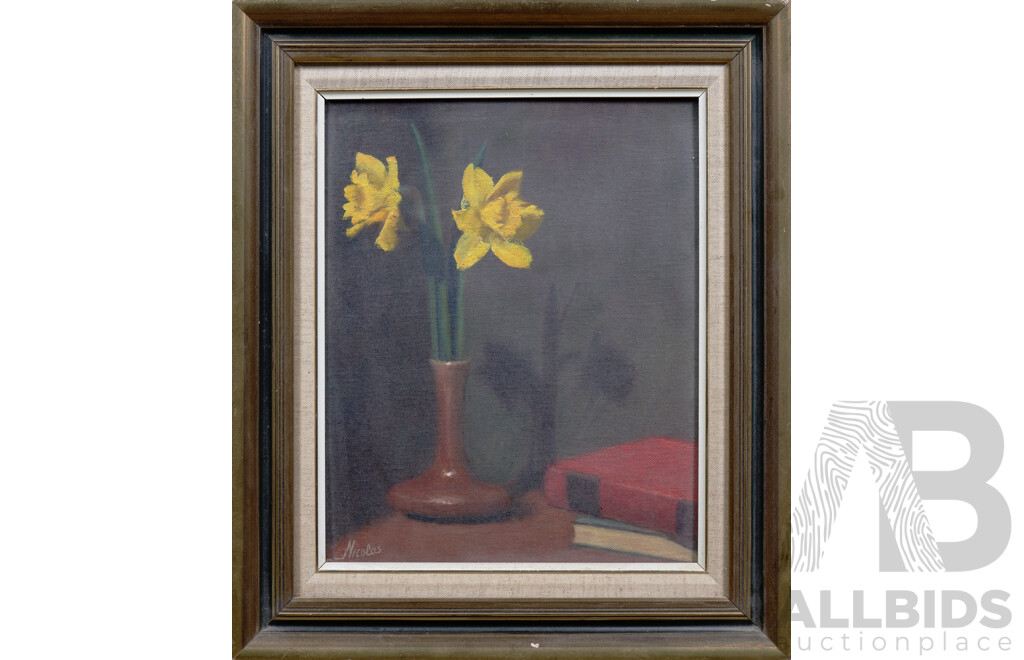 N. Nicolas, Still Life with Daffodils, Oil on Canvas on Board