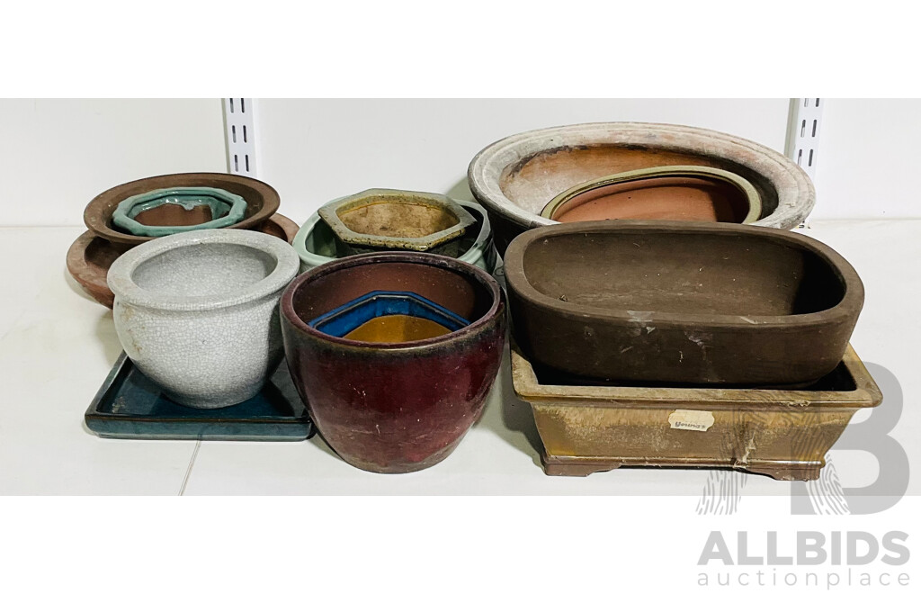 Collection Asian Ceramic Plant Pots Including Celadon and Bonsai Pot Examples