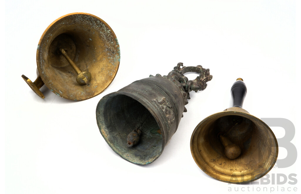 Collection Vintage Bells Including Burmese Example, Brass Bell Inscribed Queen Mary and More