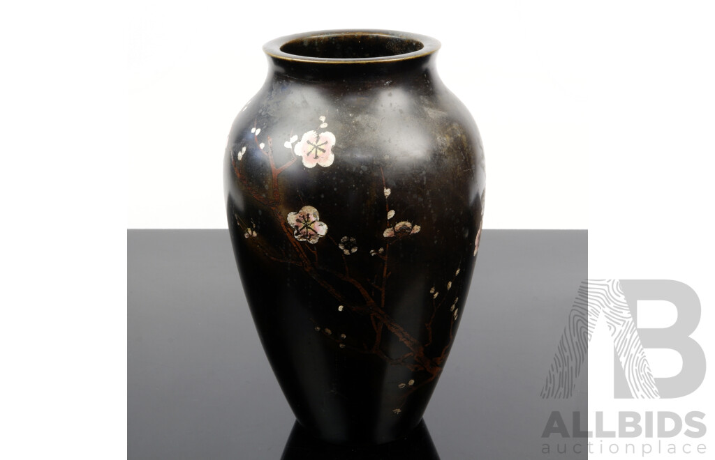Vintage Japanese Bronze Vase with Inlayed Cherry Blossom Detail, Meji Period
