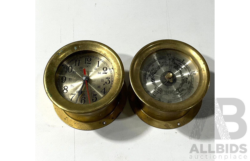 Vintage Brass Ships Quartz Clock and Barometer
