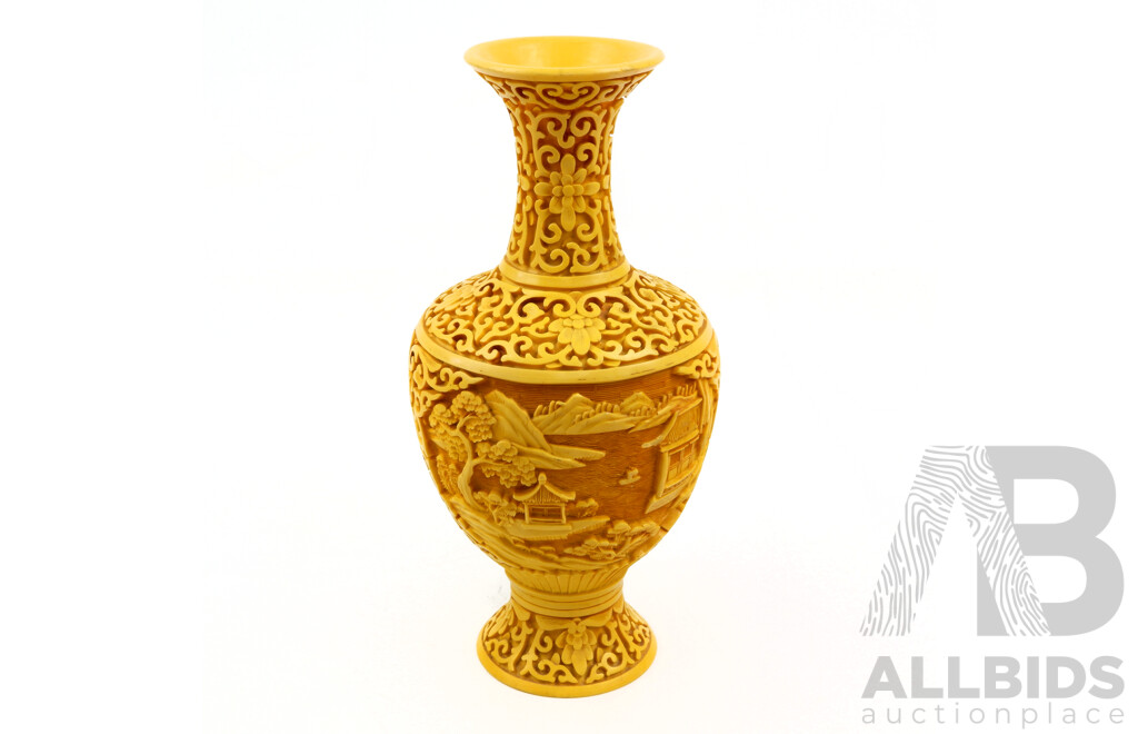 Unusual Chinese Yellow Cinnabar Style Carved Resin Vase