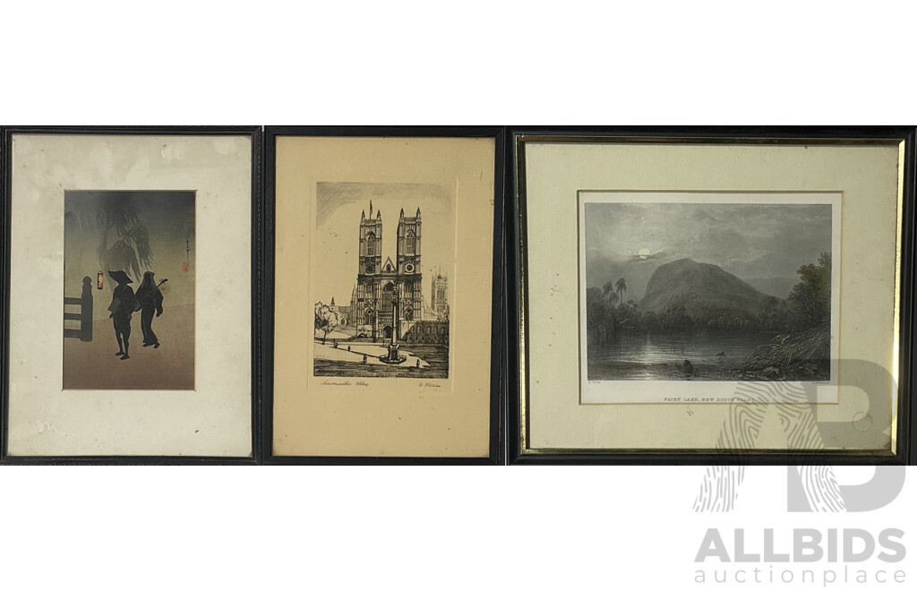 Three Framed Works: Fairy Lake After S. Prout, Westminster Abbey Etching by G. Fletcher & Japanese Watercolour (3)