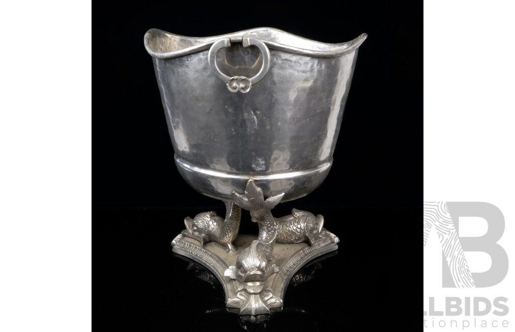 Metal Three Footed Twin Handled Jardiniere with Dolphin Motif