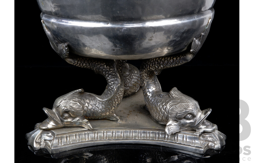 Metal Three Footed Twin Handled Jardiniere with Dolphin Motif