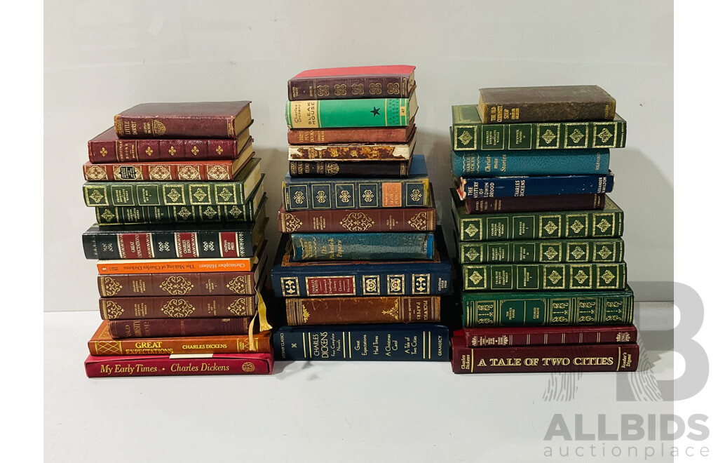 Collection Antique, Vintage and Other Charles Dickens Titles Including Fancy Binding Examples, Folio Society My Early Times, 1890 Edition PickwickPapers and More
