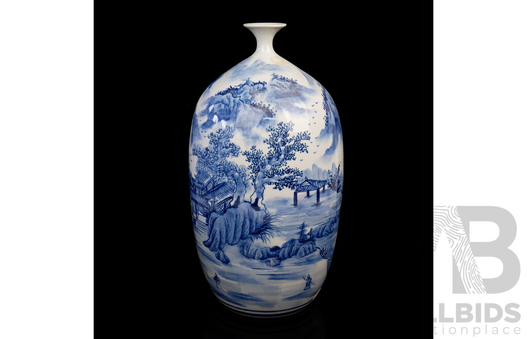 Chinese Hand Decorated Blue and White Porcelain Vase with Traditional Landscape Scene