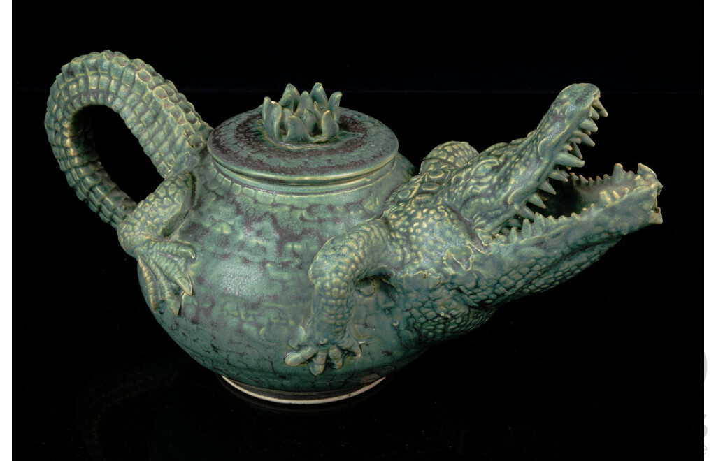 Hand Made Australian Studio Pottery Crocodile Form Lidded Teapot by Hellfire Pottery