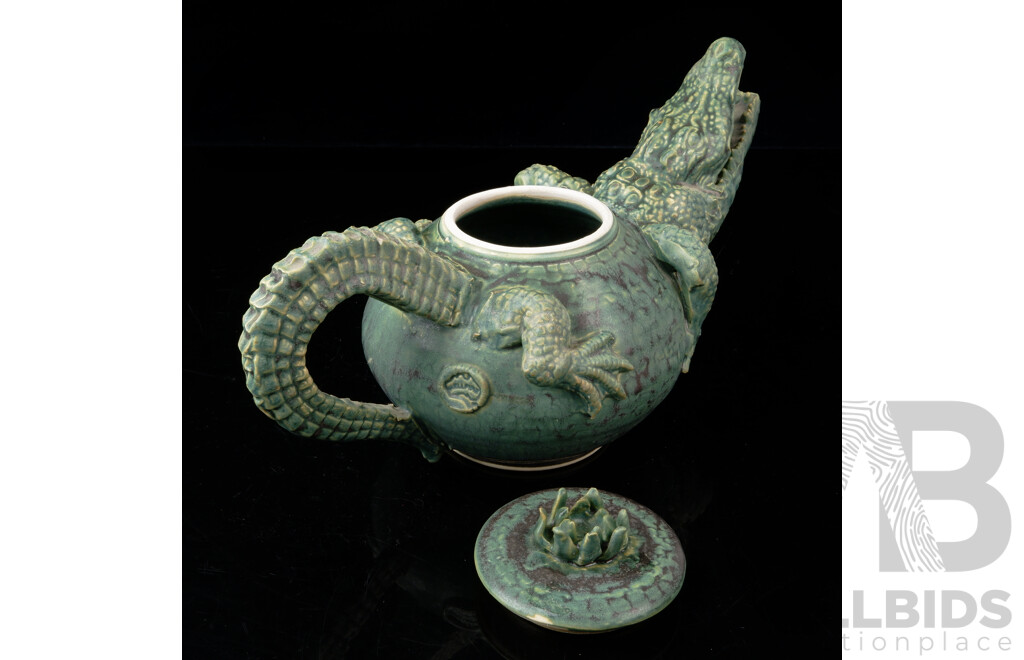 Hand Made Australian Studio Pottery Crocodile Form Lidded Teapot by Hellfire Pottery