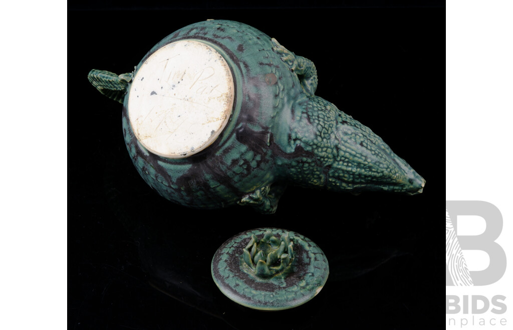 Hand Made Australian Studio Pottery Crocodile Form Lidded Teapot by Hellfire Pottery