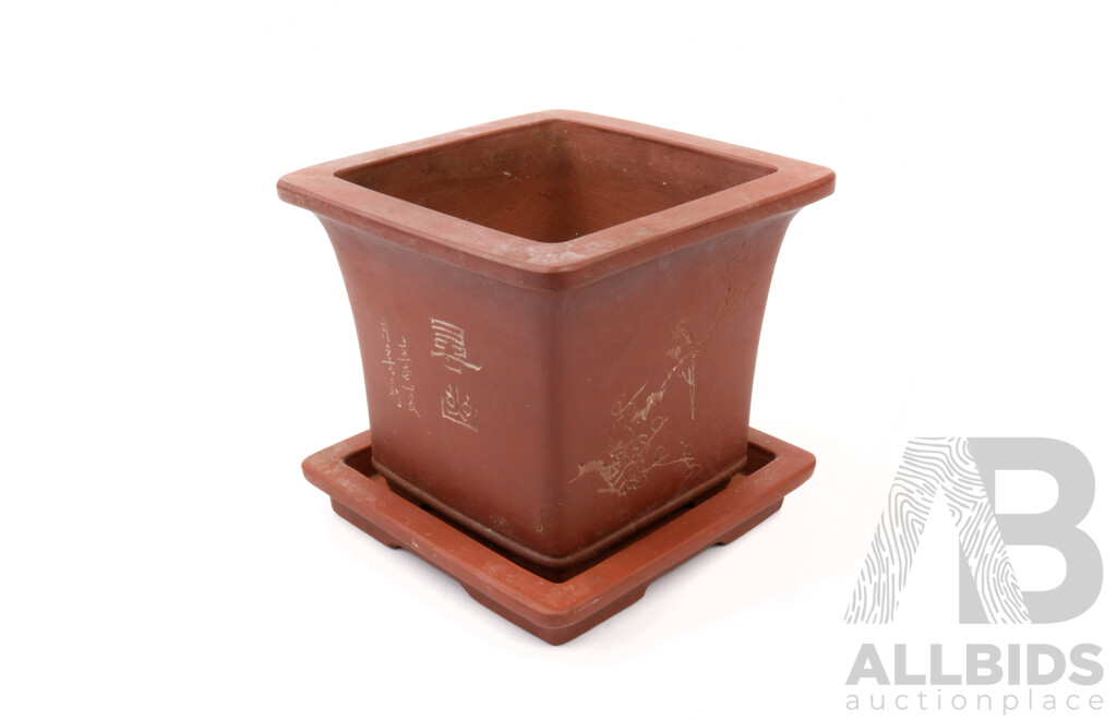 Chinese Yi Xing Square Form Flower Pot and Saucer
