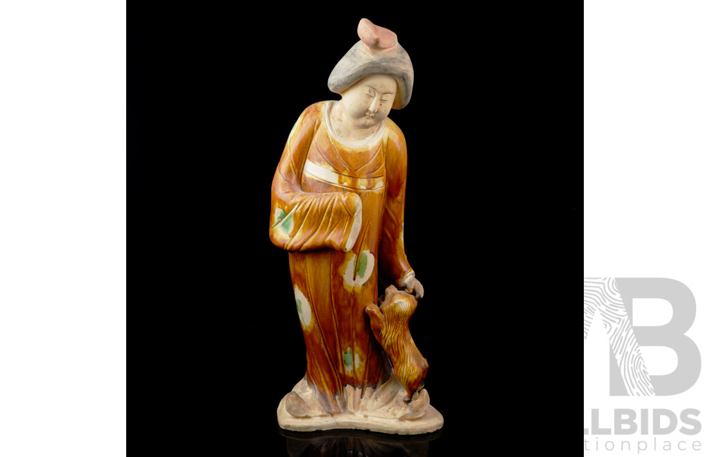 Large Vintage Chinese Tang Style Glazed Ceramic Female Figure with Dog