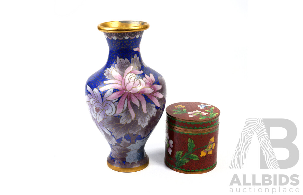 Chinese Cloisonne Vase Along with Cloisonne Lidded Canister
