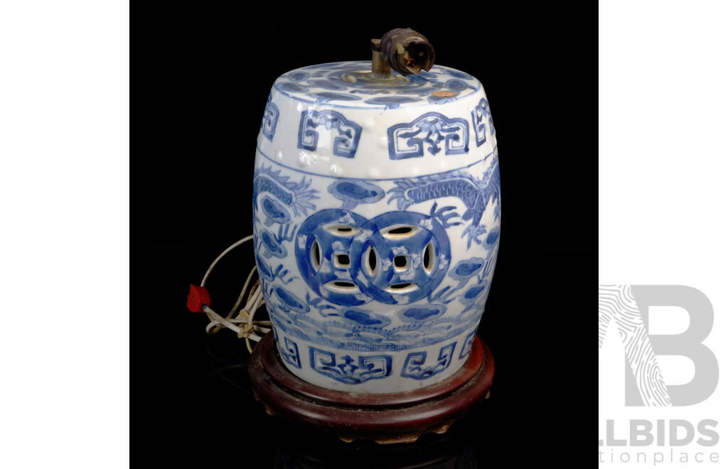 Chinese Porcelain Small Drum Stool with Coin Symbols and Dragon Decoration, Converted to Table Lamp Base