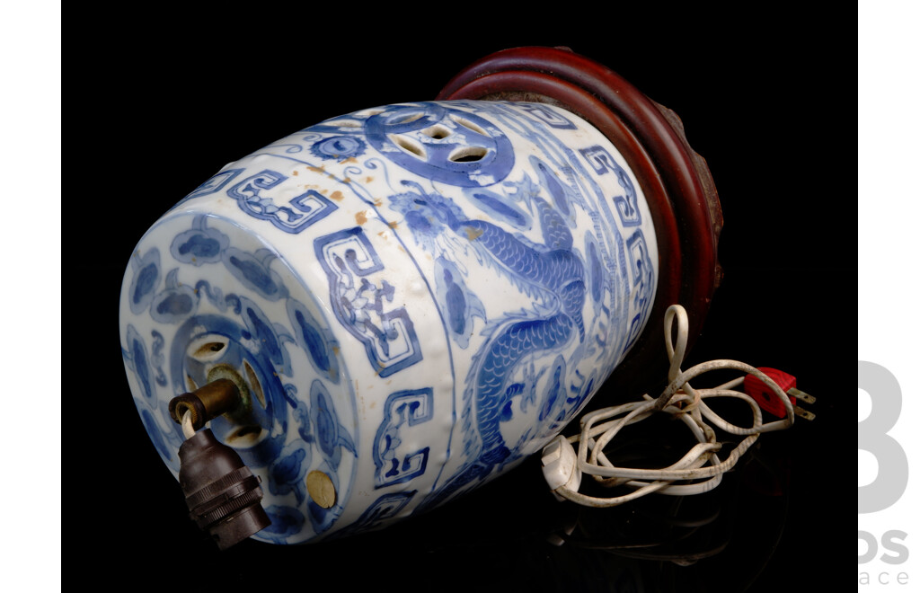 Chinese Porcelain Small Drum Stool with Coin Symbols and Dragon Decoration, Converted to Table Lamp Base