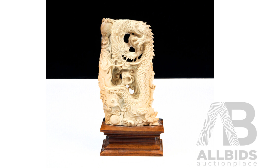 Vintage Chinese Finely Carved Ivory Dragon on Wooden Stand