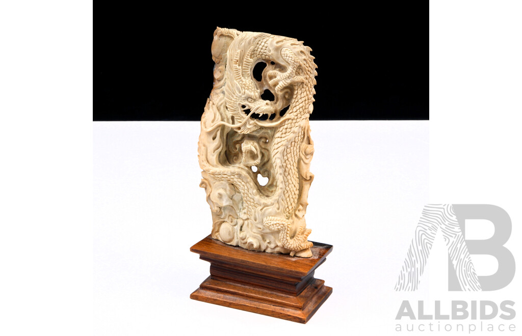 Vintage Chinese Finely Carved Ivory Dragon on Wooden Stand