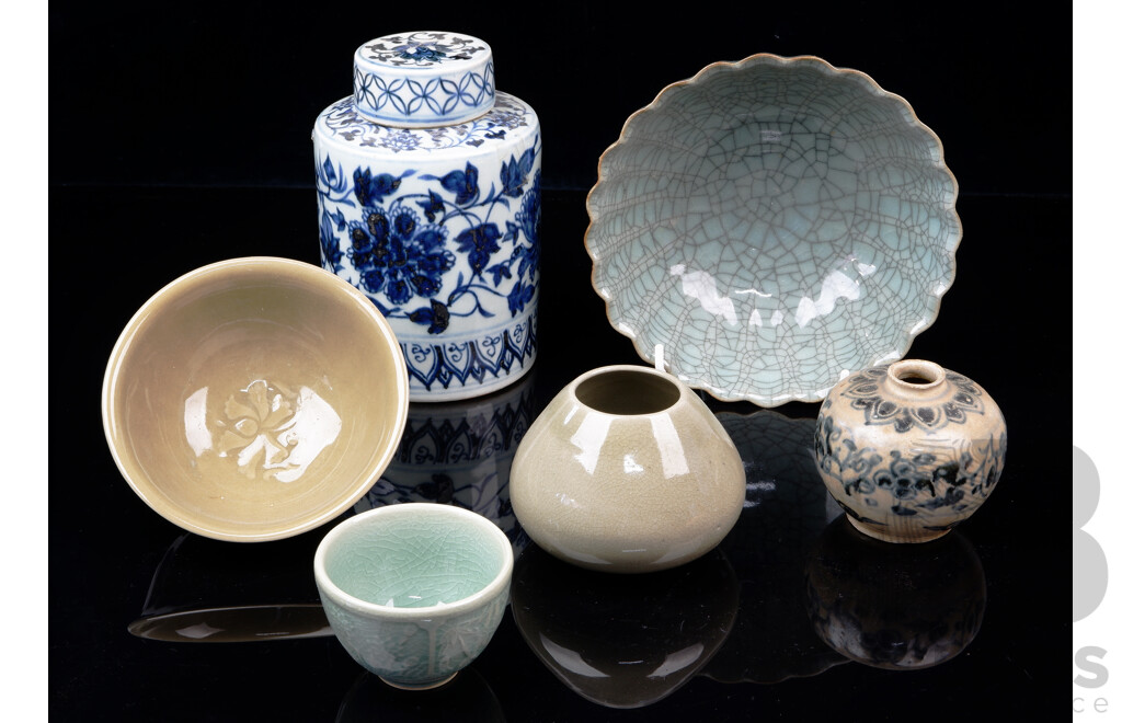 Collection Asian Ceramics Including Antique Small Blue &White Jar, Celadon, Crackle Glazed Examples and More